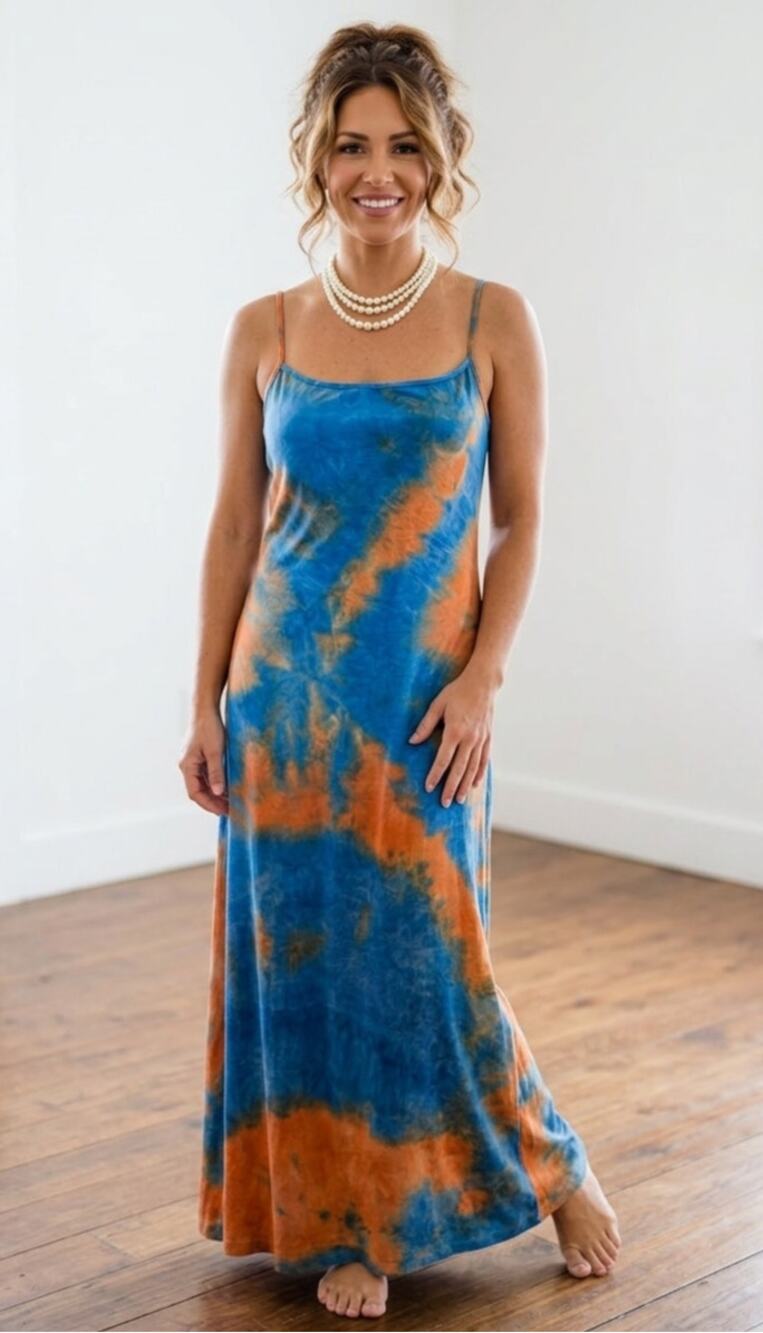 Suzzi Tie Dye Maxi Dress Large Blue Orange Boho Adjustable Strap L